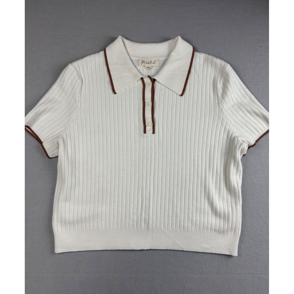 Marled 2 Piece Skirt Set XL White Ribbed Knit Polo Top Midi Skirt Cream Co-ord - Picture 7 of 14